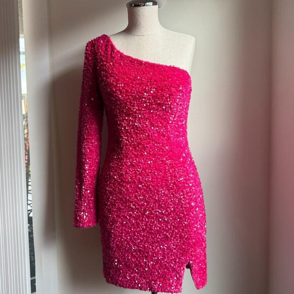 Zapaka Dresses & Skirts - Zapaka One Shoulder Pink Sequin Mini Dress Size 6 NWT Cocktail Party